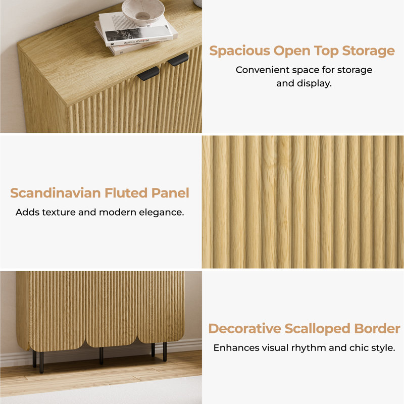 22 Pair Modern Fluted Shoe Cabinet with Adjustable Shelves, Natural Color