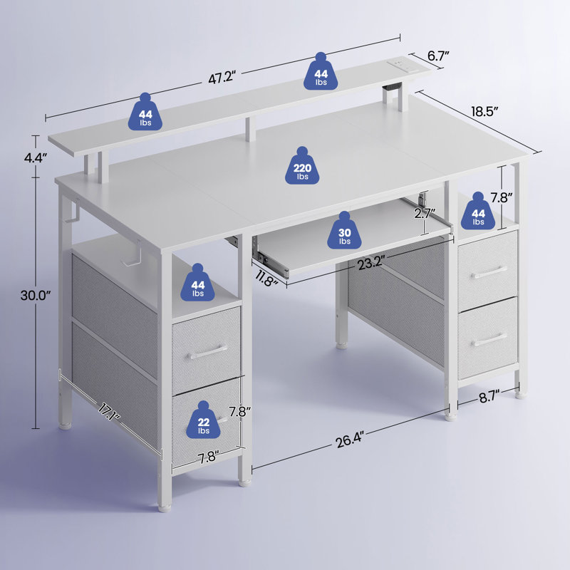 Computer Desk with 4 Drawers and Monitor Shelf, Gaming Desk with LED Lights & Power Outlets, 34.4" H x 47.2" W x 18.5" D