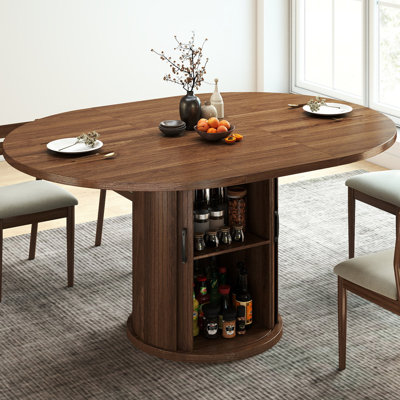 Extendable Round Dining Table, 47-63", Wood Oval Kitchen Table, Storage Shelf