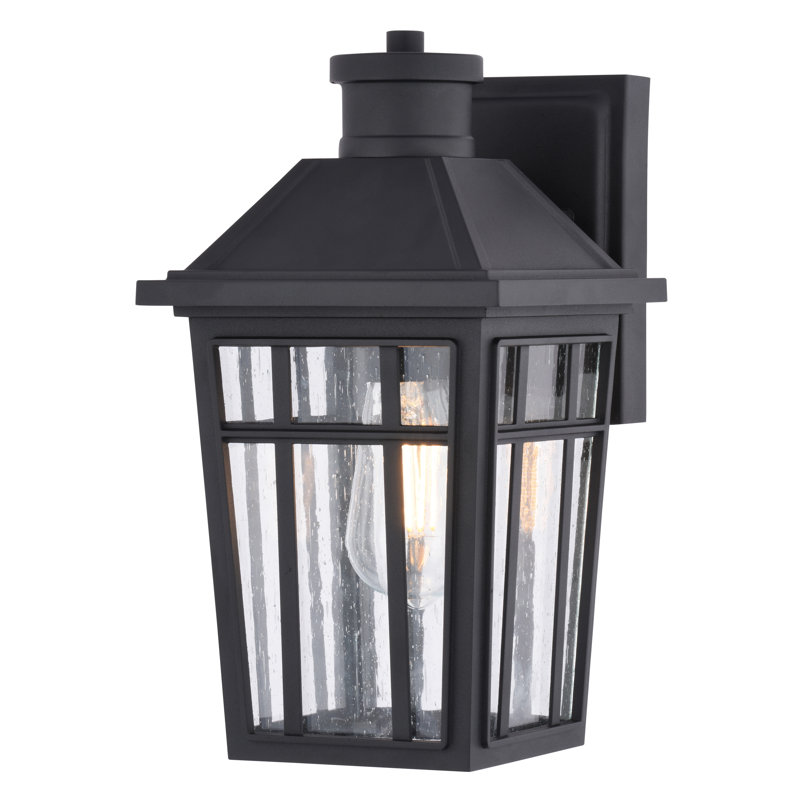 Garfield Park 12 In. H 1-Light Textured Black Outdoor Wall Sconce Made Of Rust-Resistant Aluminum, Clear Seeded Glass Shade, LED Compatible, Use For Exterior Porch Patio Front Door Or Garage