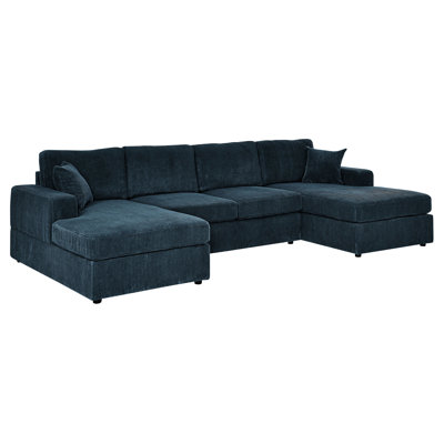 3 - Piece Corduroy Double Chaise For 4, Engineered Wood Frame, Blue Upholstery, Square Arms, Removable Cushions And Modern Minimalist Living 4 People, Foam Filled Cushions, Interior Design
