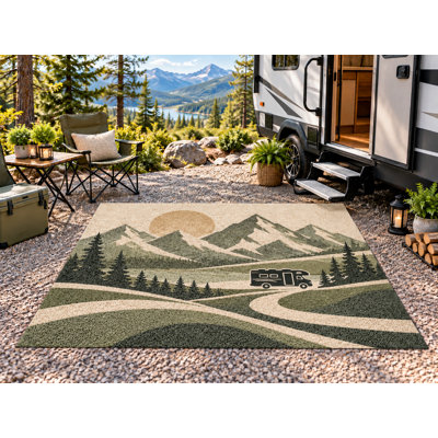 5' x 7' Outdoor Area Rug Camper Lake Campfire Scene Heavyweight Solid Waterproof PVC Coil Loop Carpet, Patio Rug Quick Dry Large Doormat Porch Balcony Entryway RV Camping