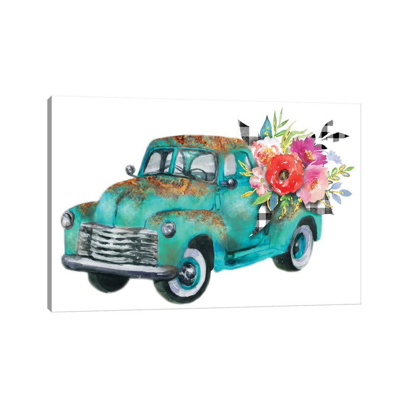 «Spring Turquoise Flower Truck» par Ephrazy Graphiques, peinture sur toile tendue, H 12 po x l 18 po x 1,5 po