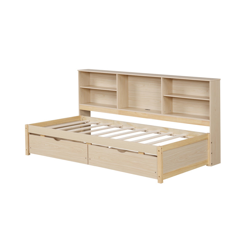 Structure de lit simple de couleur naturelle avec compartiments latéraux, tablettes modernes, 2 tiroirs, douille, Naturel
