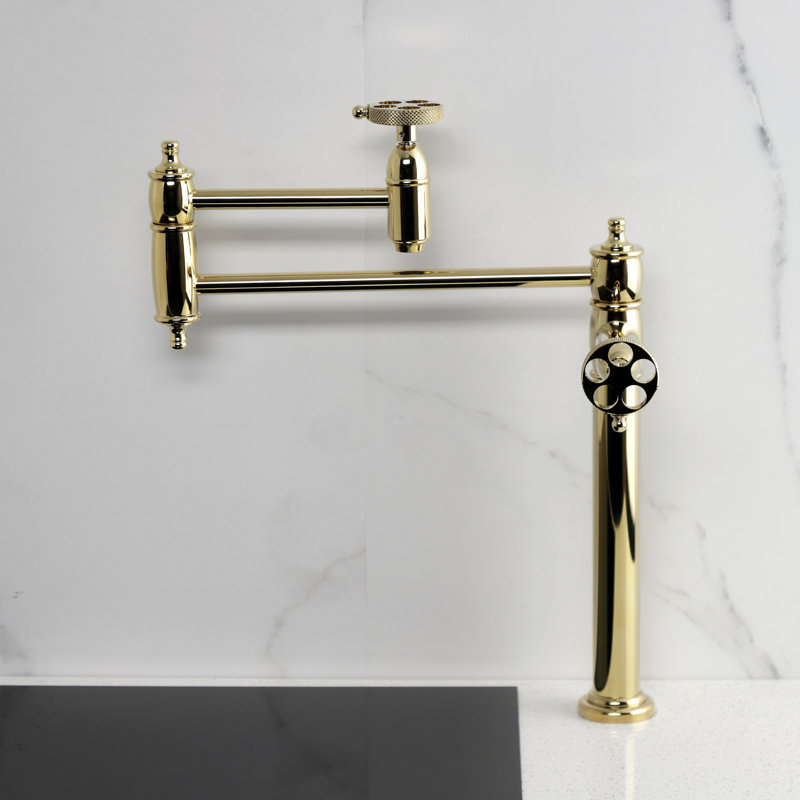 Kingston Brass Webb Two-Handle 1-Hole Deck Mount Pot Filler Faucet with Knurled Handle, Polished Brass