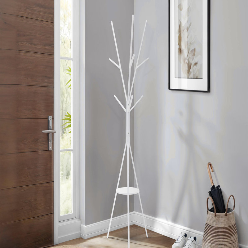 Coat Rack, 72"h, Bedroom, Entryway, Hall Tree, 6 Hooks, White Metal, Contemporary, Modern, White