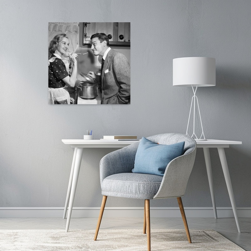 1950S Smiling Housewife At Stove Giving Happy Husband Taste Of Her Cooking Contemporary Wall Art, 24" H x 24" W