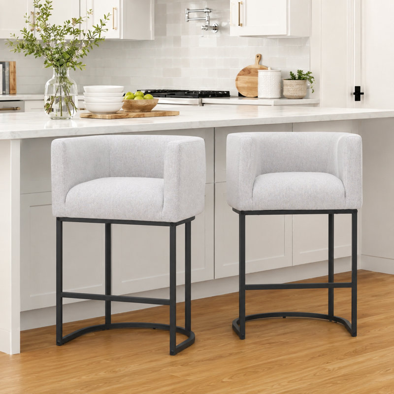 Upholstered Barrel Counter Stool, Light Gray, Black