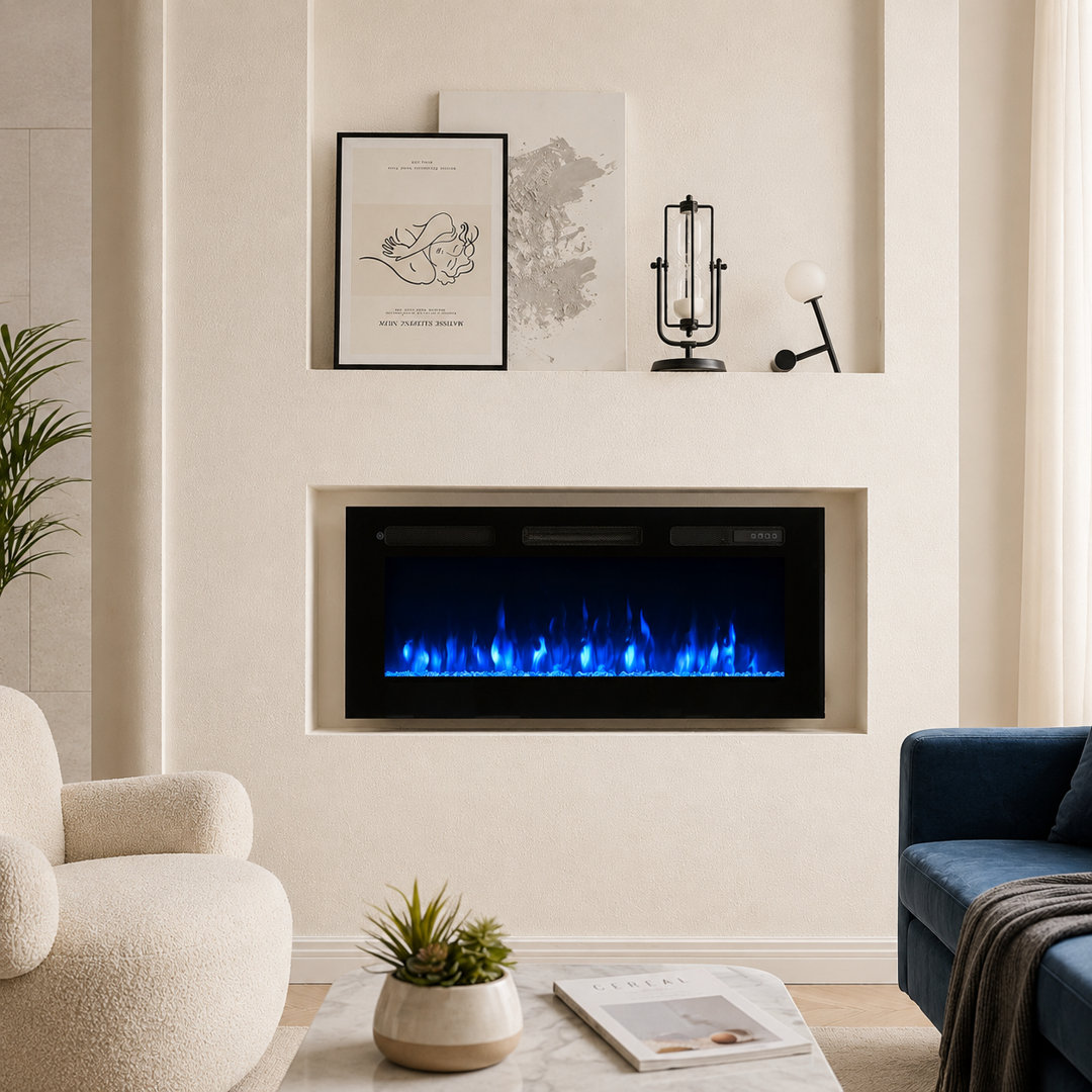 FLAMEKO Wilton Electric Fireplace, Wall Mounted, Recessed, Logs & Crystals Included, 9 Colour Flame Effect, 1.8kW Heater