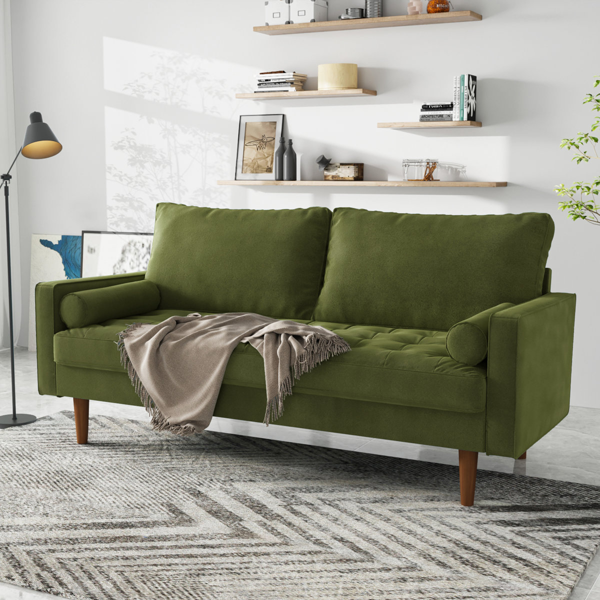Velvet square arm sofa for studio apartment living zone