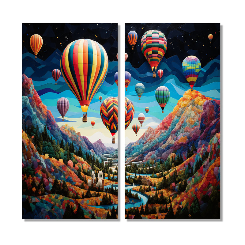 Mosaïque de ballon à air chaud bleu sarcelle - Art mural en montgolfière, 40" H x 40" W, Wrapped Canvas, Does Not Apply