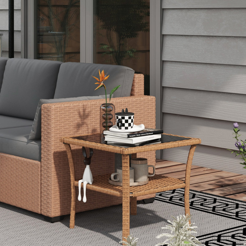 Table basse d'extérieur avec 2 tablettes et rangement en verre trempé pour terrasse