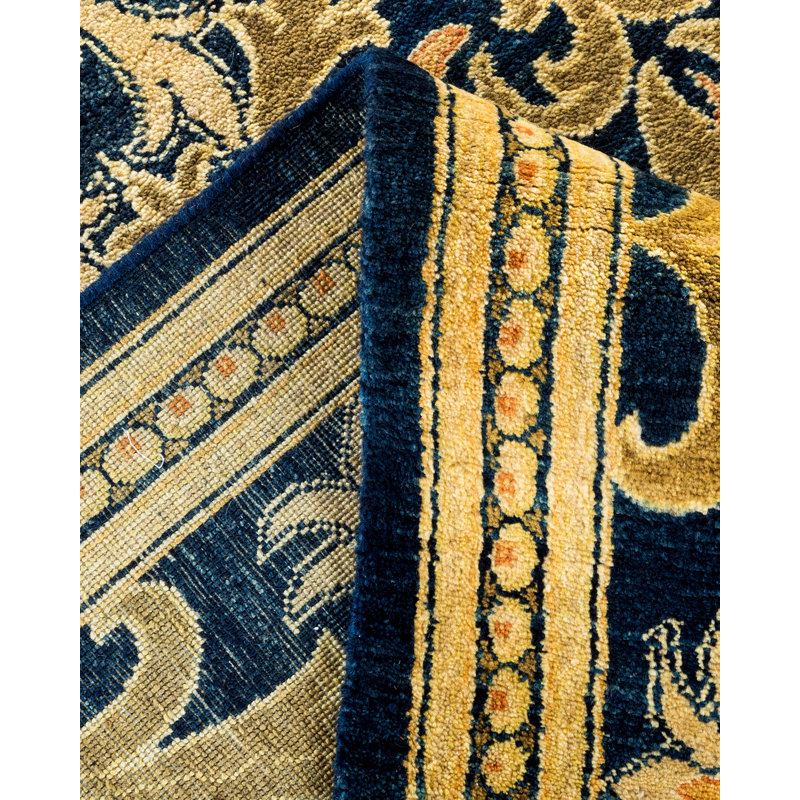 Tapis bleu Haynie en laine noué à la main 8 pi 10 po x 12 pi 2 po