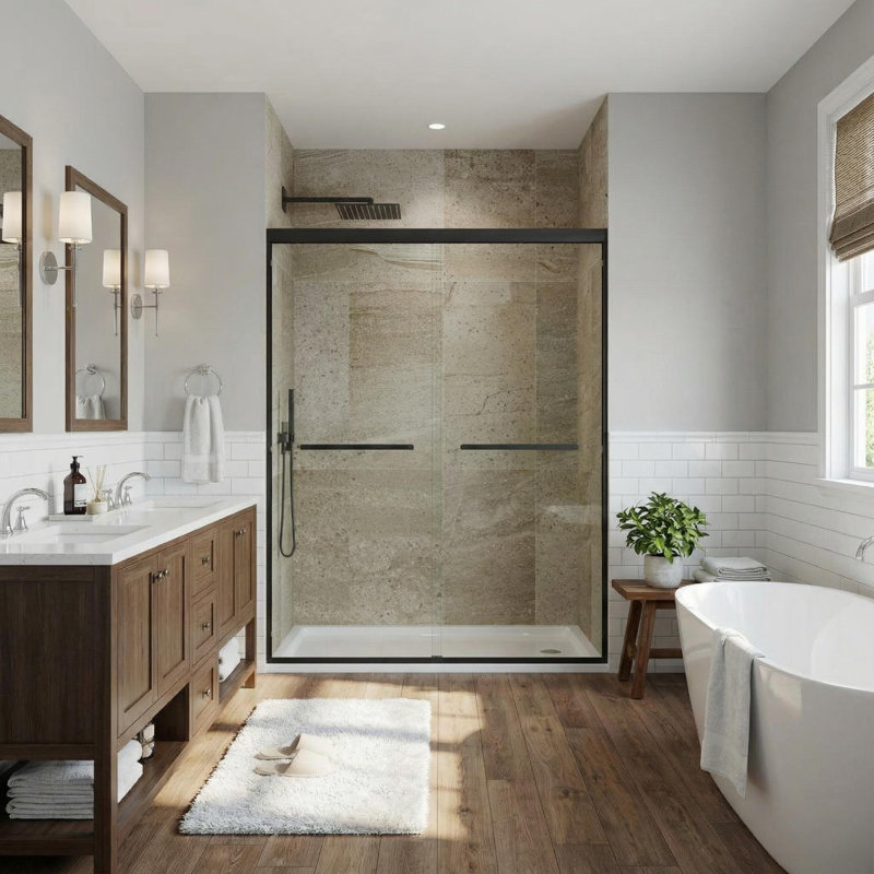 Bathtub Sliding Shower Door Glass Panel for Tub Shower Space and Bathroom Remodel, Matte Black