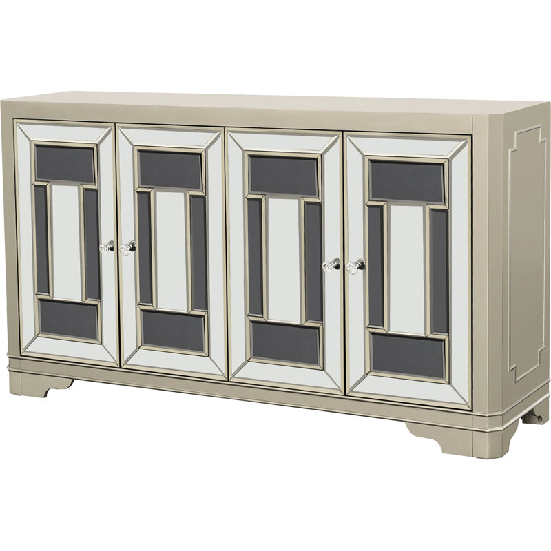 Armoire de rangement luxueuse avec finition champagne, miroirs argentés et cristal pour une utilisation à la maison.