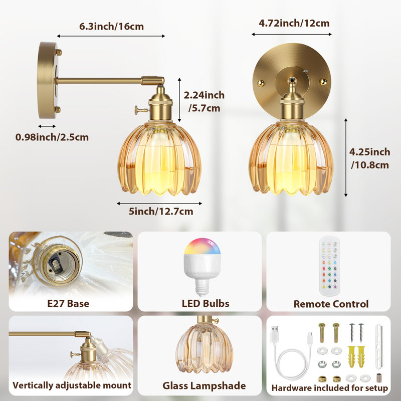 Vintage Battery Operated Wall Sconce with Amber Tulip Glass Lampshade Rechargeable Wall Light with Remote Control Dimmable Timer Wall Lamp for Bedside