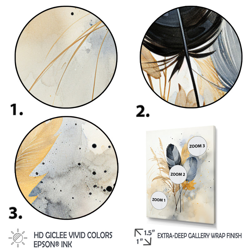 «Dulwich Asian Art Feathers Sumi II», reproduction sur toile, H 32 po x l 16 po x P 1 po, Cadre flottant blanc