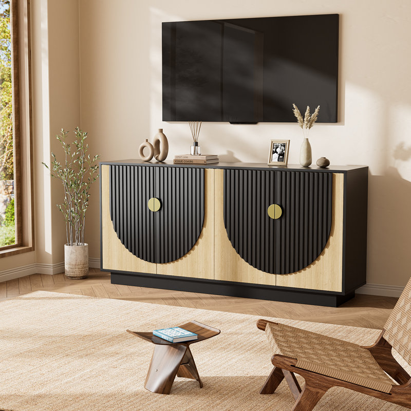 63''Modular recessed sideboard with storage, mid-century modern console table with symmetrical arched doors