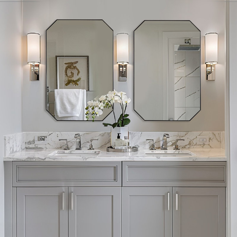 Contemporary Cut Corner Octagonal Scalloped Bathroom Vanity Mirror | Stainless Steel Frame, 36" x 24", Polished Chrome