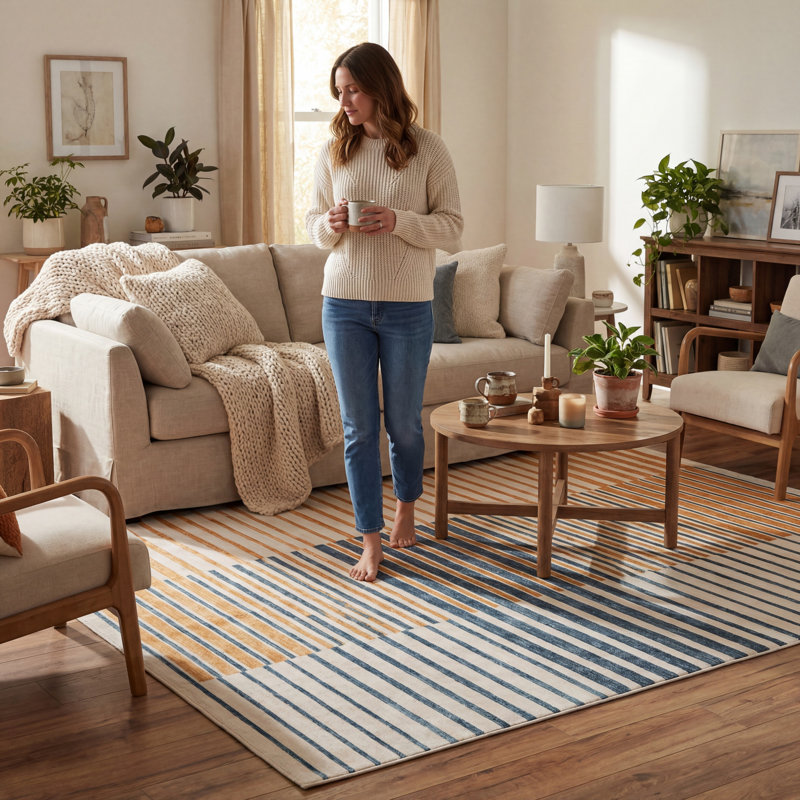  Ondelia Striped Washable Rug, Rectangle 6' x 9', Yellow