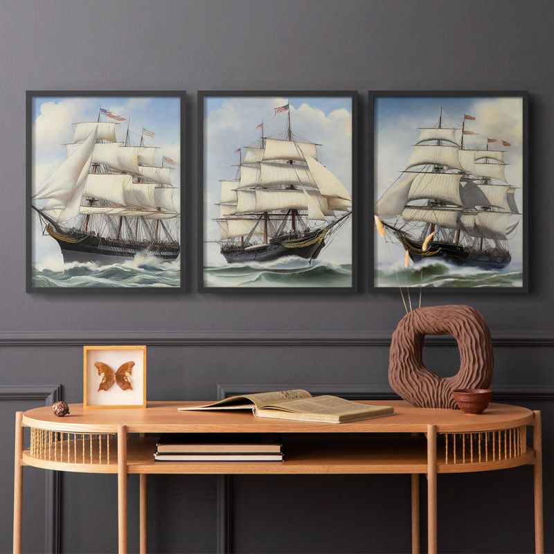 Série V Sea and Shore - Ensemble de 3 estampes numériques - Prêt à accrocher, Noir, H 10 po x l 8 po