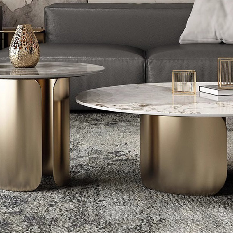 Ensemble de tables basses rondes White Stone, White / Bronze gold, 19.69" H x 39.37" W x 27.56" D