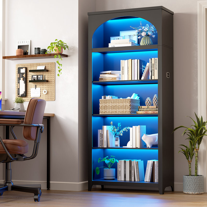 176cm H x 75cm W 5-Tier Bookcase with Tri-Color Sensor Light, Black