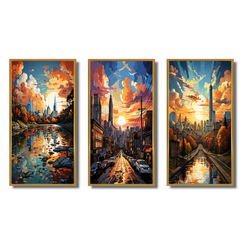 «City Austin Popart», 3 pièces sur toile, H 20 po x l 36 po, Encadrement doré