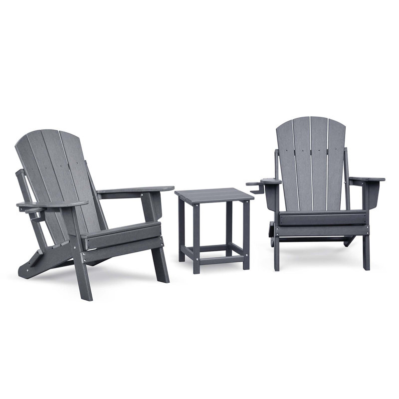 Folding Outdoor Adirondack Chair Set Of 2 And Table, HDPE All-Weather, Ergonomic Design For Patio, Deck, Garden, And Balcony