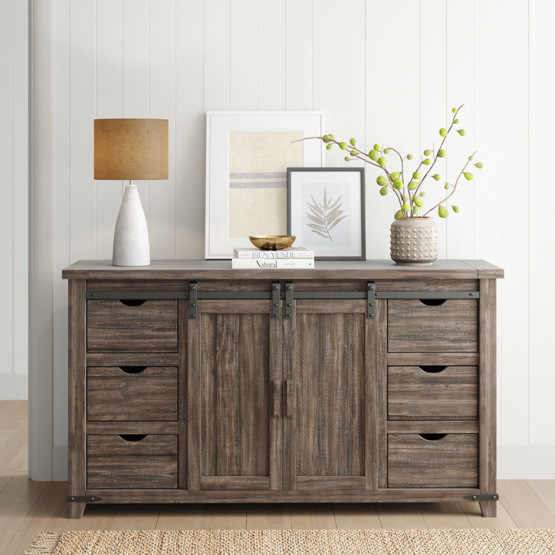 Yoji 60" Wide 6 Drawer Pine Solid Wood Credenza Gracie Oaks 