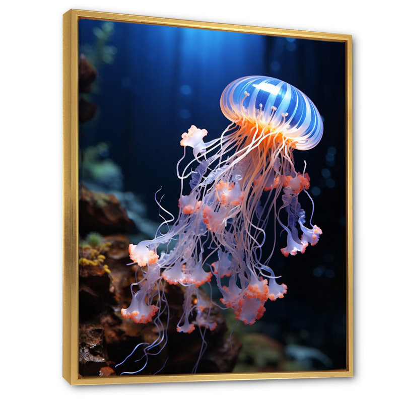 «Jellyfish Luminescent Beauty II - Jellyfish», reproduction sur toile, Cadre flottant doré, H 32 po x l 16 po x P 1 po