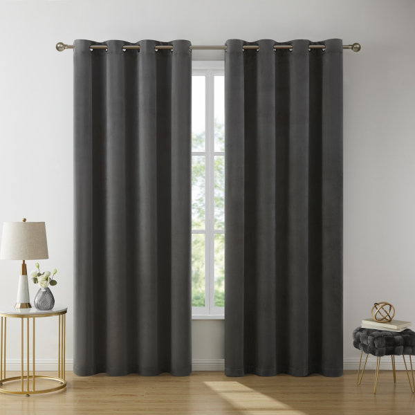 Pleze Velvet Semi Sheer Curtain Pair, Charcoal, 54" W x 96" L