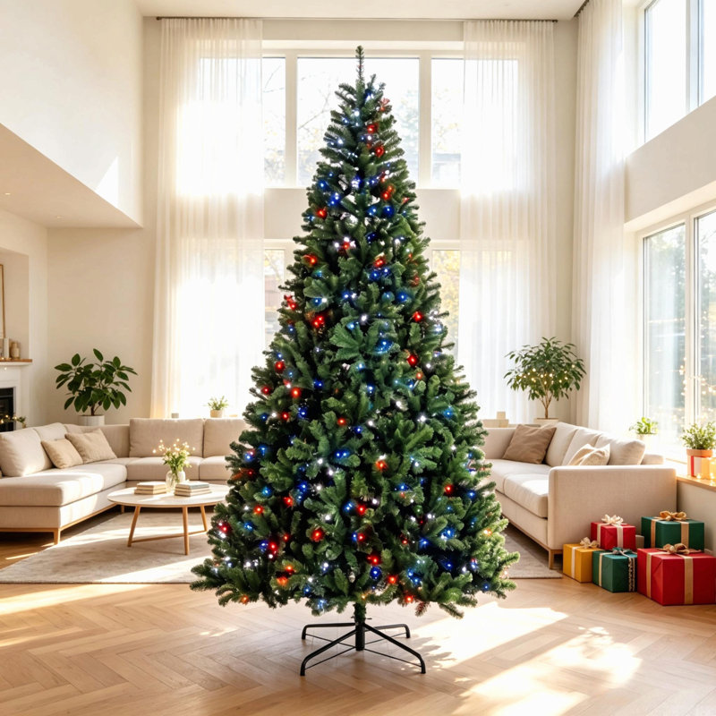 Arbre de Noël artificiel 9 pi avec lumières DEL dynamiques RVB, télécommande et minuterie quotidienne intégrée, branches articulées pour un assemblage facile des Fêtes