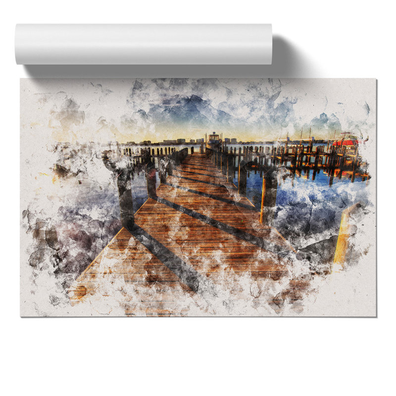 Jetty over the Lake Watercolour - Frameless Print, 59cm H x 84cm W x 0.1cm D