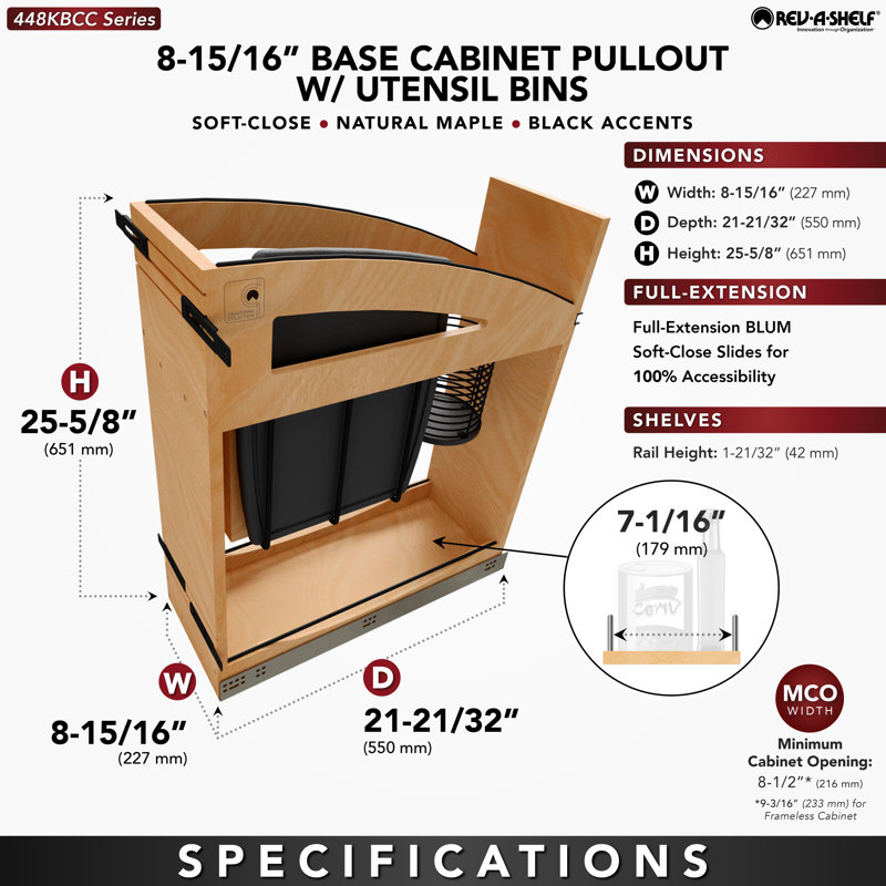 Rangement coulissant pour bloc de couteaux en érable massif avec accents noirs et glissières à fermeture en douceur BLUM pour armoires de 12 po Craftsman Collection