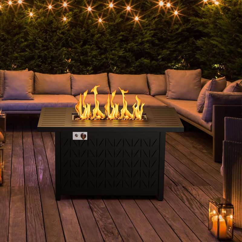 Table de foyer d'extérieur en fer au propane avec couvercle, H 25,2 po x l 43 po x P 22 po