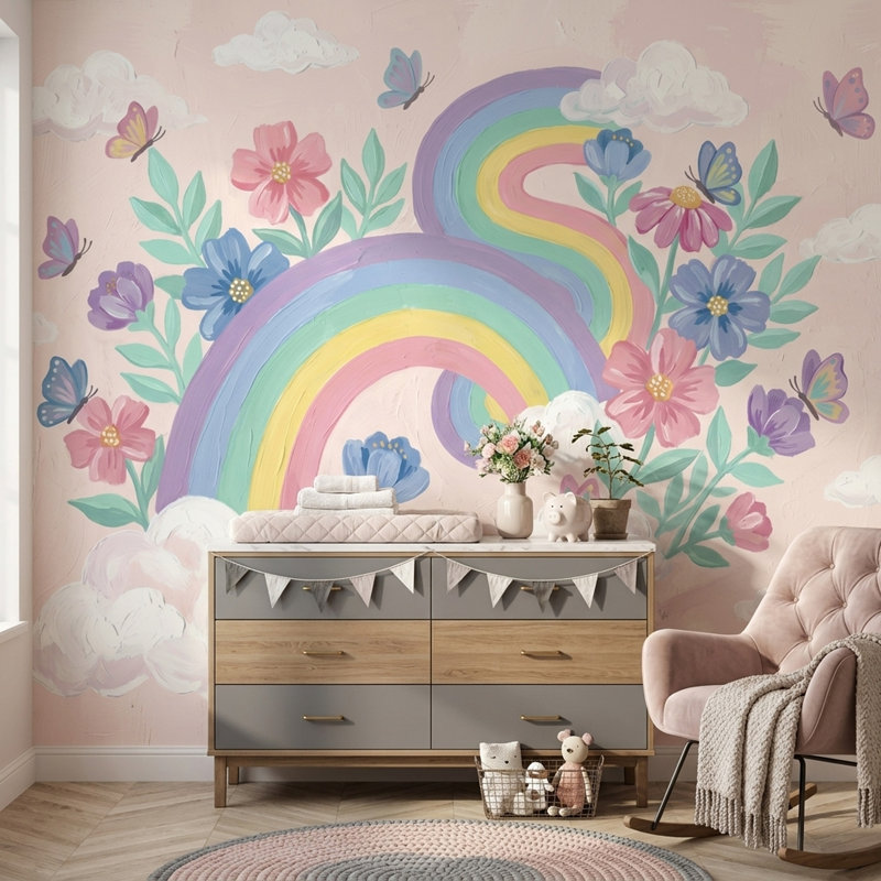 Papier peint pastel arc-en-ciel floral avec papillons amovibles, 140 po x 108 po, Texturé non collé