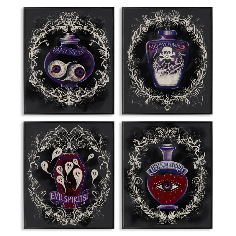 Ensemble de giclées encadrées 4 pièces Spooky, H 14 po x l 11 po, Giclée encadrée noir minuit