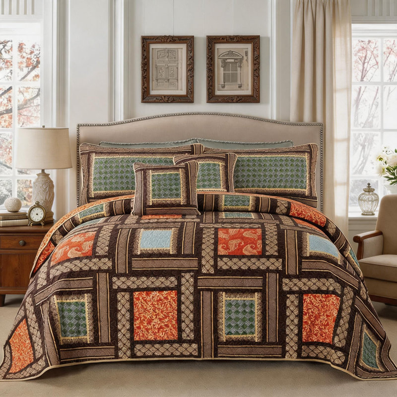 HoneiLife Brown  American Country Style Cotton Handmade Patchwork  3-Piece Queen Size Quilt Sets, Brown