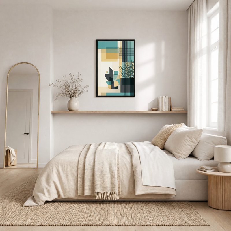Toile murale aux motifs géométriques turquoise et beige avec feuille de palmier, H 30 po x l 20 po