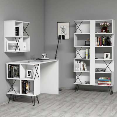 Ensemble de bureau et bibliothèque Modern Study, blanc et noir, 47,2 po x 30,9 po x 23,6 po | Panneau de particules 100% enduit de mélamine, épaisseur 0,71 pouce | Nombreuses tablettes murales au design élégant pour les bureaux à domicile et les espaces d'étude