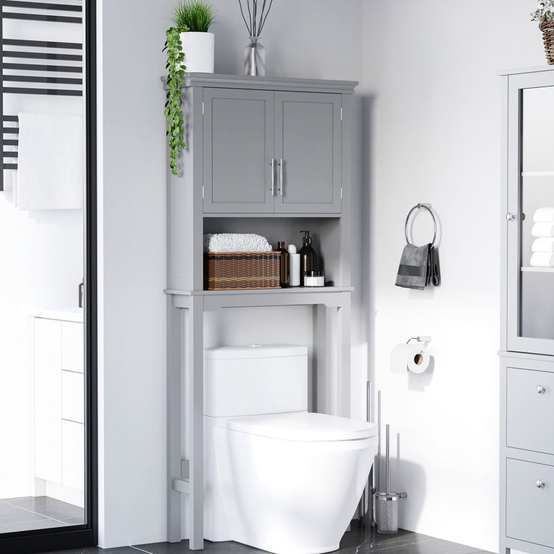 Unité de rangement moderne au-dessus de la toilette en gris, avec portes doubles, tablette réglable et armoire de rangement ouverte, option