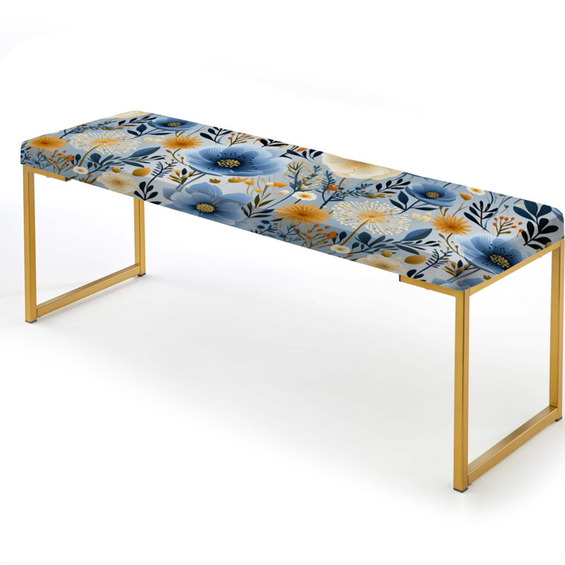 Floral Upholstered Gold Bench, Blue Boho Chic Floral