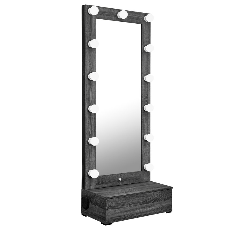 Grey Wash Finish Mirror With Led And Speakers, Floor Length, Solid Wood+ Filler, Perfect For Small Rooms Drawer, Suitable Container Homes
