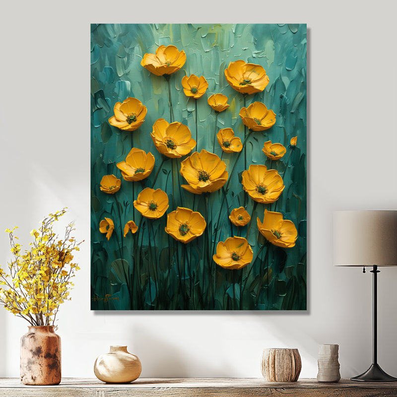 Jaune et bleu, soleil, bouton d'or, prairie III - Buttercups, art mural, Toile tendue, H 20 po x l 12 po x P 1 po