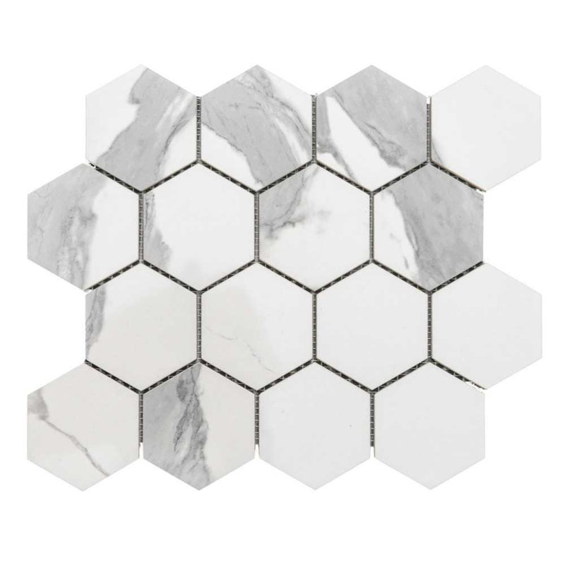 Carreau de mosaïque en porcelaine 11 po x 14 po Stately Hex, Calacatta