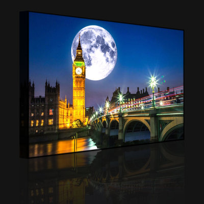 Big Ben In Front Of Big Moon In London by No - Wrapped Canvas Print