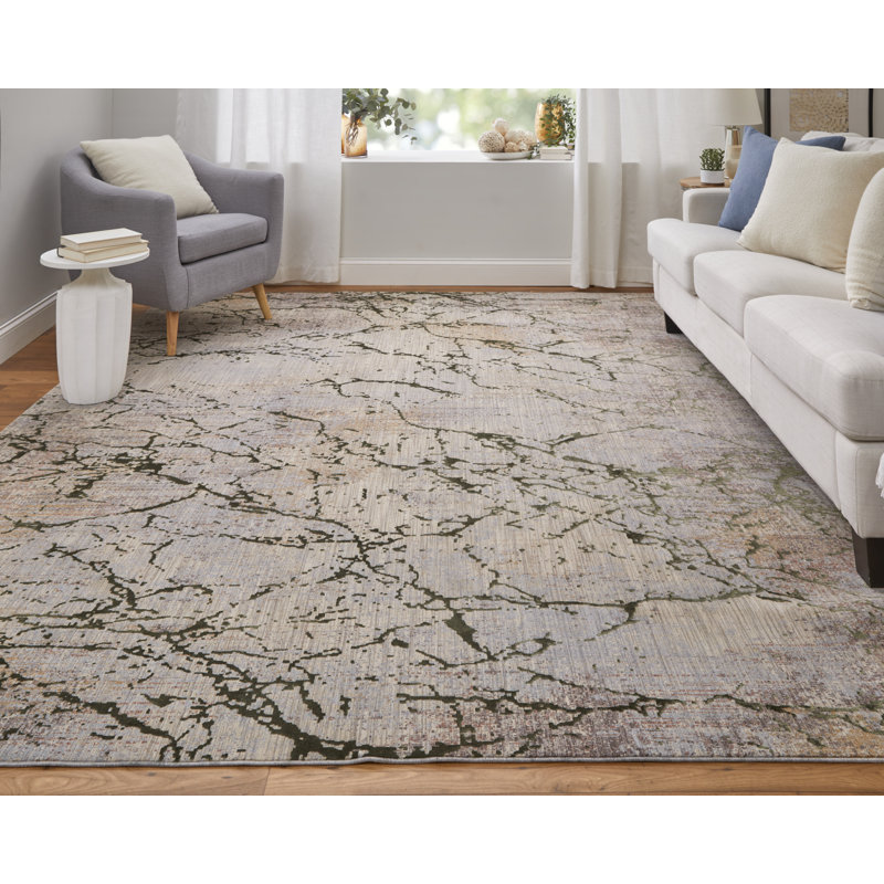 Rhun moderne abstrait, taupe / vert / brun clair, Rectangle de 5 pi x 8 pi