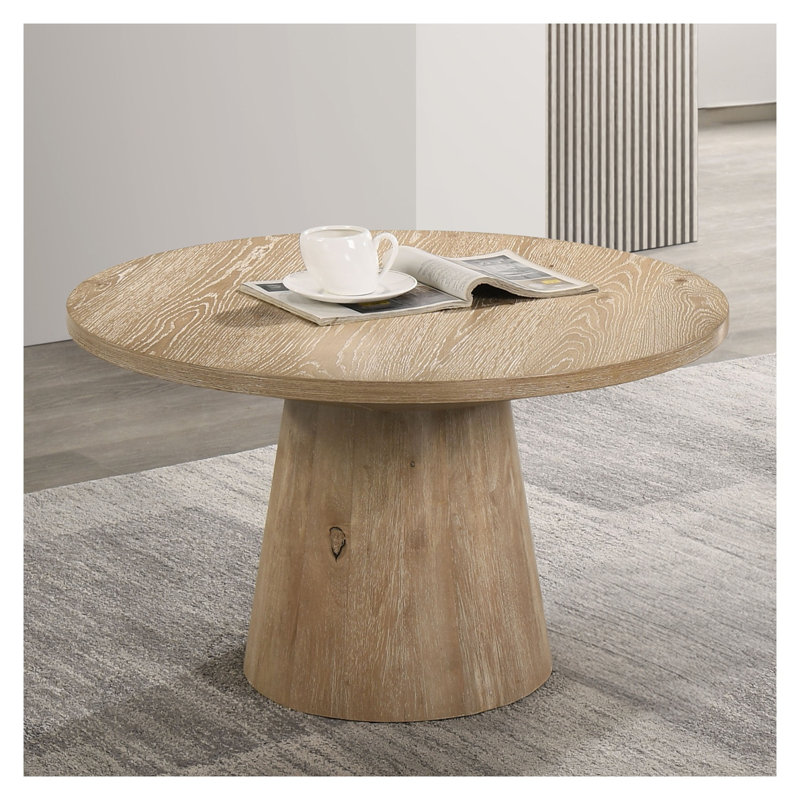 Contemporary Round Coffee Table with Cone-Shaped Pedestal Base in Oak Finish