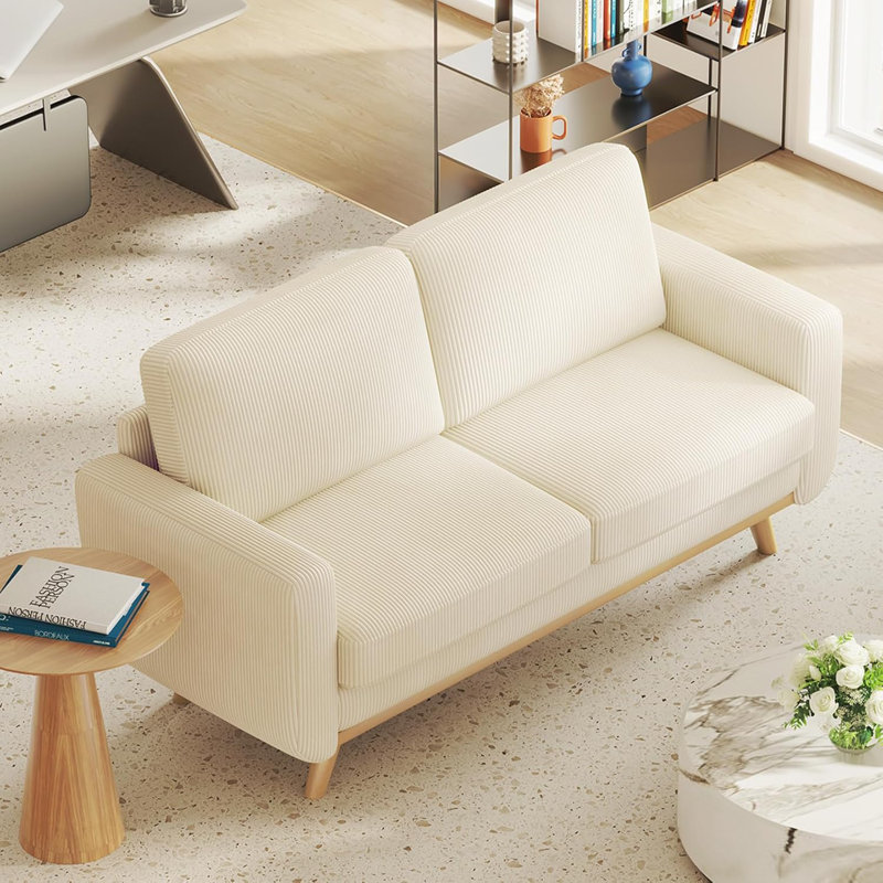 68" Beige Corduroy Loveseat Sofa with Oak Legs
